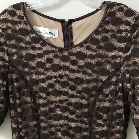 Sara Campbell Womens Shift Midi Dress Brown Geometric Lace 3/4 Sleeve Ruffle 12 - Picture 2 of 9
